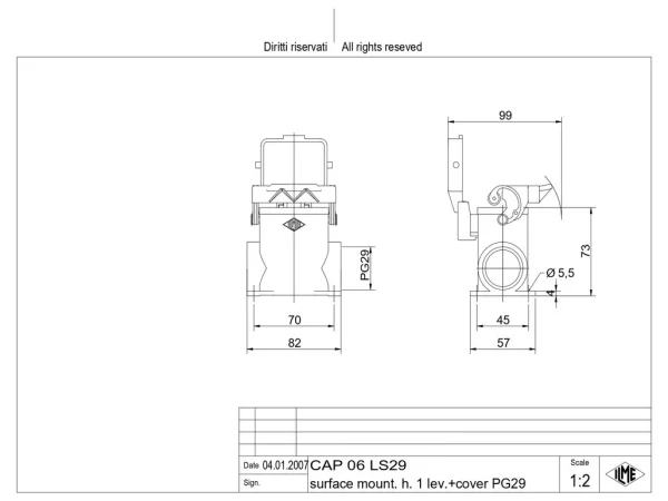 surface mounting housing, high, size 44.27, C-TYPE alu, 1 lever, 1xPG29 side, cov.