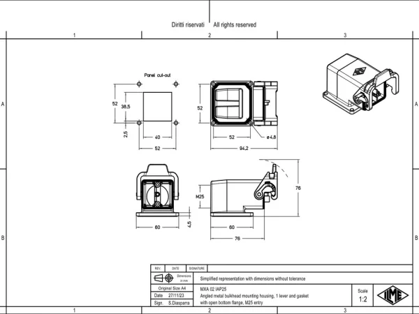 bulkhead mounting housing, angled, 2 modules, MIXO TWO zinc,  1 lever, 1xM25 top