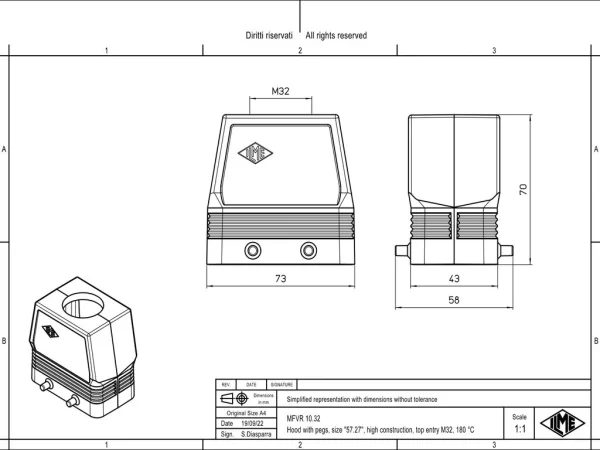 hood, size 57.27, 180 °C alu, 4 pegs, 1xM32 top