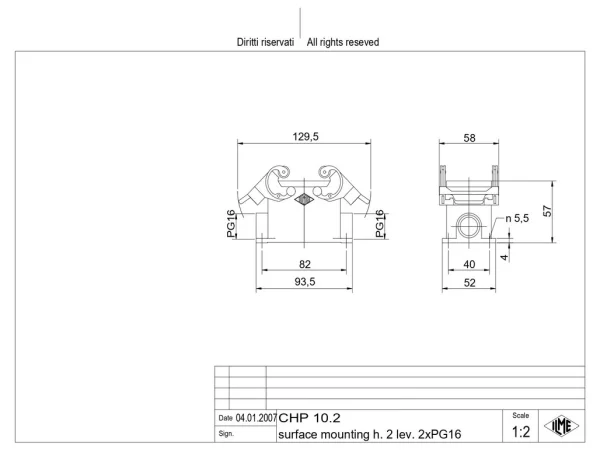surface mounting housing, size 57.27, C-TYPE alu, 2 levers, 2xPG16 side