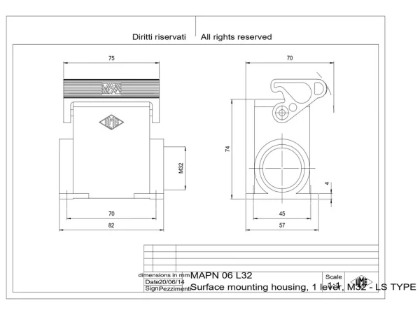 surface mounting housing, high, size 44.27, LS-type alu, 1 lever, 1xM32 side