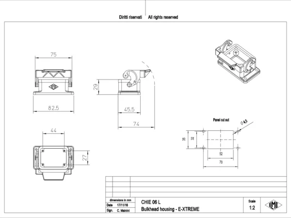bulkhead mounting housing, size 44.27, E-Xtreme alu, 1 lever