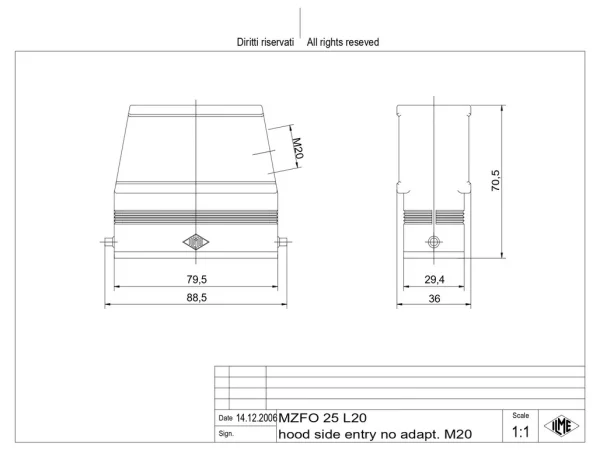 hood, high, size 66.16, IL-BRID alu, 2 pegs, 1xM20 side, no adaptor