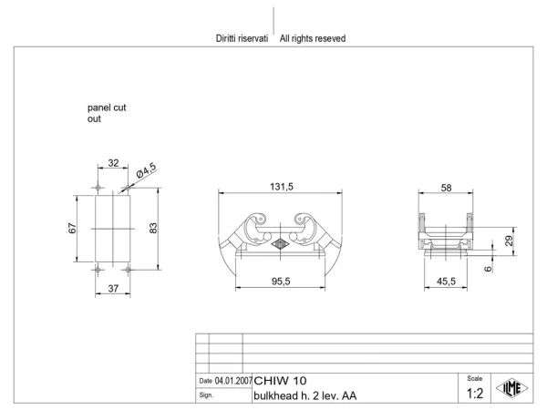bulkhead mounting housing, size 57.27, W-TYPE alu, 2 levers