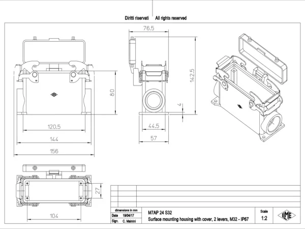 surface mounting housing, high, size 104.27, V-TYPE alu, 2 levers, 1xM32 side, cover metal