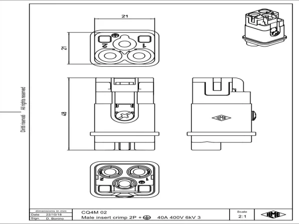 male insert, size 21.21, 2p+PE, crimp., 40A, 400V