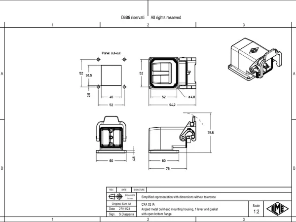 bulkhead mounting housing, angled, 2 modules, MIXO TWO zinc,  1 lever