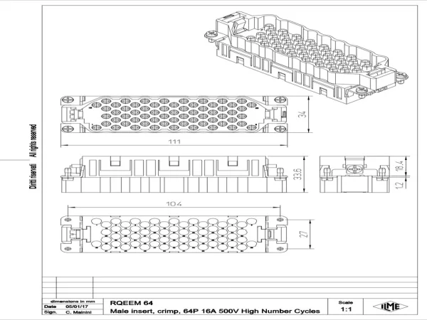male insert, size 104.27, 64p+PE, crimp, 16A, 500V, HNM