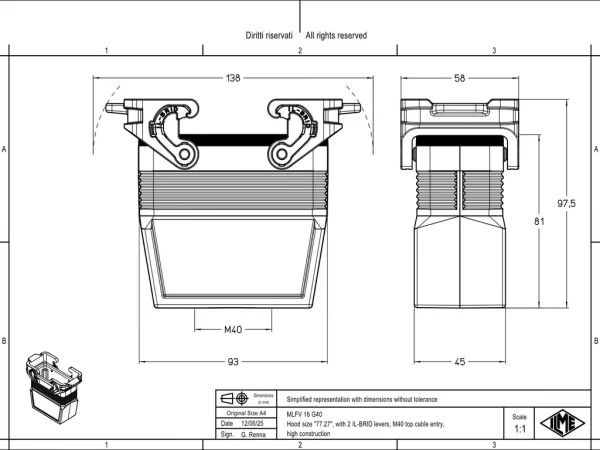 hood, size 77.27, IL-BRID stainless steel, 2 levers, 1xM40 top