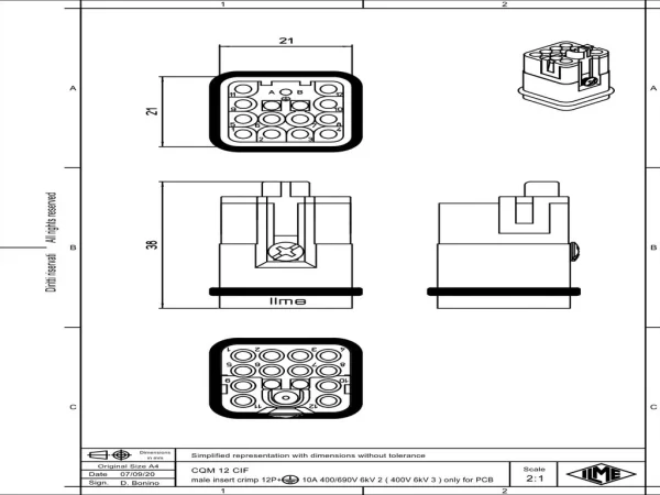 male insert, size 21.21, 12p+PE, 7,5A, 250V, for CIF Q12 2.4