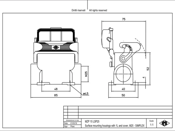 surface mounting housing, size 49.16, IL-BRID alu, 1 lever, 1xM25 side, spring cover
