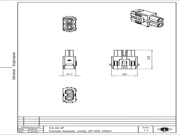 female insert, MIXO, 1MU, 2p, crimp, 40A, 1000V