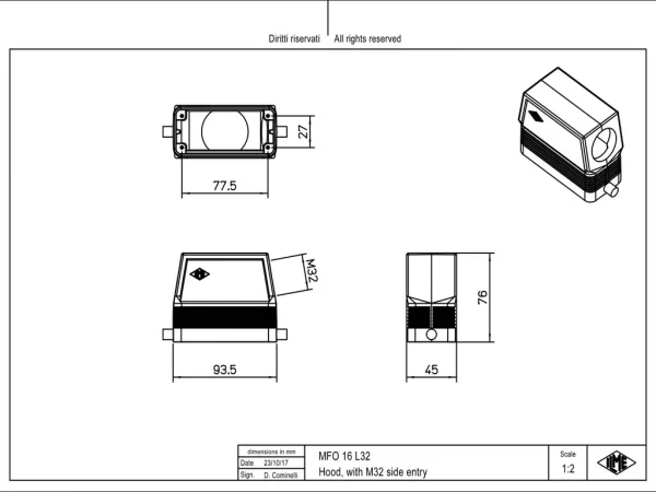 hood, high, size 77.27, C-TYPE alu, 2 pegs, 1xM32 side, no adaptor