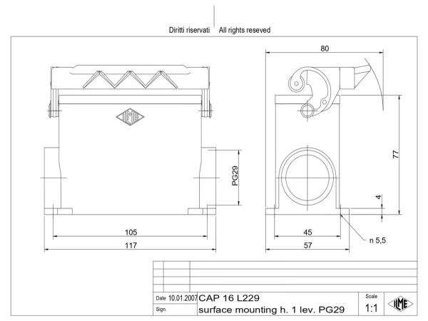 surface mounting housing, high, size 77.27, C-TYPE alu, 1 lever, 2xPG29 side