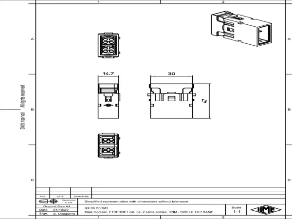 male insert, MIXO HNM, 1MU, 8p, crimp, 10A, 50V, megabit,  double cable entry, with contact to PE
