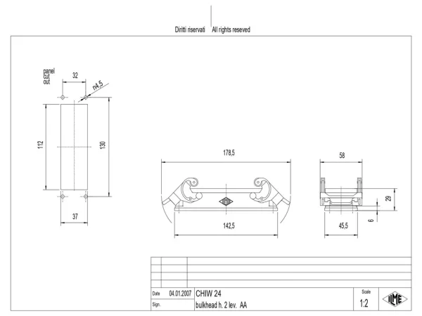 bulkhead mounting housing, size 104.27, W-TYPE alu, 2 levers