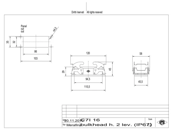 bulkhead mounting housing, size 77.27, V-TYPE alu, 2 levers