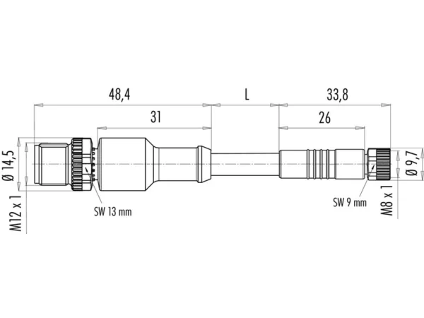 Male cable connector M12x1 - Female cable connector M8x1