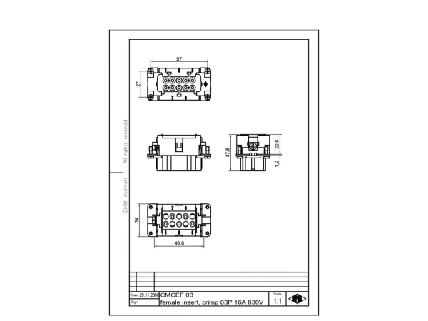 female insert, size 57.27, 3+2p+PE, crimp, 16A, 830V