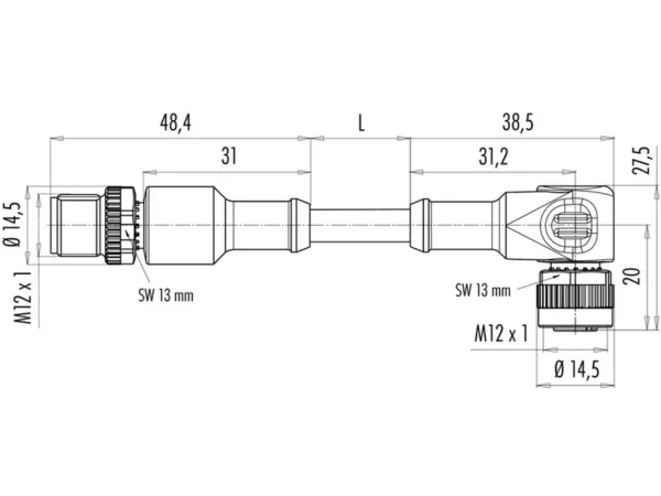 Male cable connector M12x1 - Female angled connector M12x1