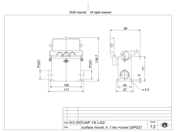surface mounting housing, high, size 77.27, C-TYPE alu, 1 lever, 2xPG21 side, cov.