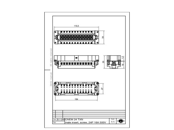 male insert, 24p+PE, silver, screw, 16A, 500V, for size 104.62 no.25-48
