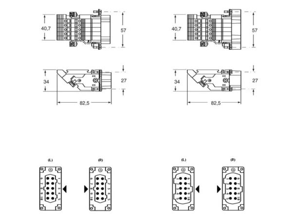 male insert, size 57.27, 10p+PE, silver, screw, 16A, 400V, right