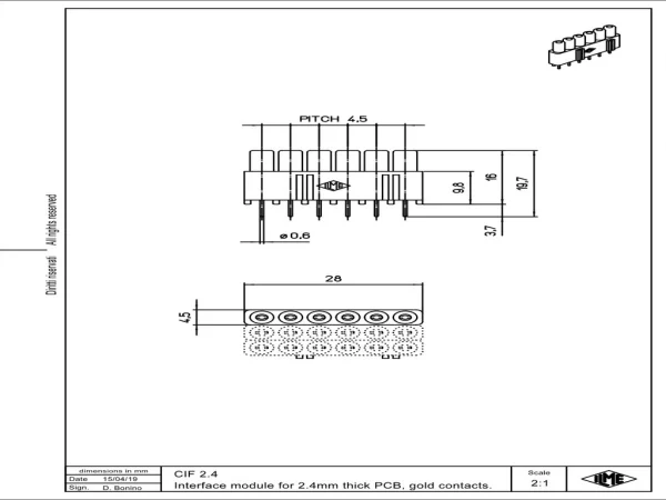 interface module, gold, 6p, plug, 6A, 250V, for PCB-size up to 2,4mm