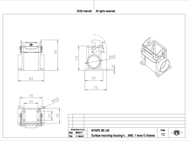 surface mounting housing, high, size 44.27, E-Xtreme alu, 1 lever, 1xM40 side
