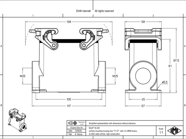 surface mounting housing, size 77.27, IL-BRID stainless steel, 2 levers, 2xM25 side