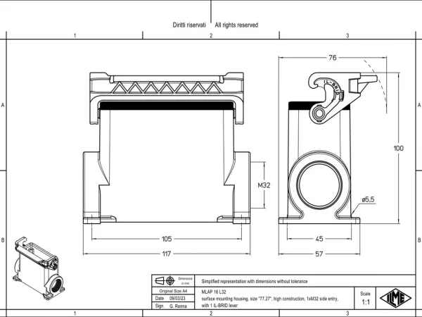 surface mounting housing, size 77.27, IL-BRID stainless steel, 1 lever, 1xM32 side
