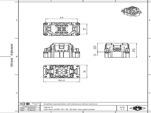 male insert, 44.27, 10+PE, AXYR® push-in connection, 16A, 500V