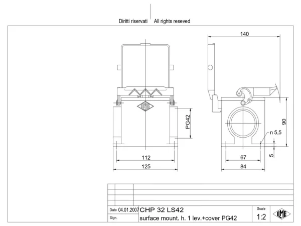 surface mounting housing, size 77.62, C-TYPE alu, 1 lever, 1xPG42 side, cov.