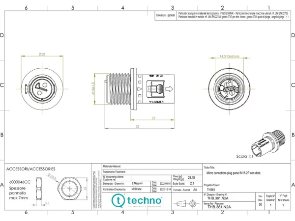 Micro plug connector panel-mounted screw M16