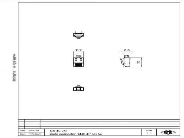 male contact, 4p+GND, crimp, 2,1A, 50V, RJ45 Cat. 5e