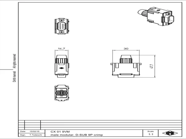 male insert, MIXO, 1MU, 9p, crimp, 5A, 50V, D-SUB