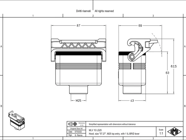 hood, size 57.27, IL-BRID stainless steel, 1 lever, 1xM25 top