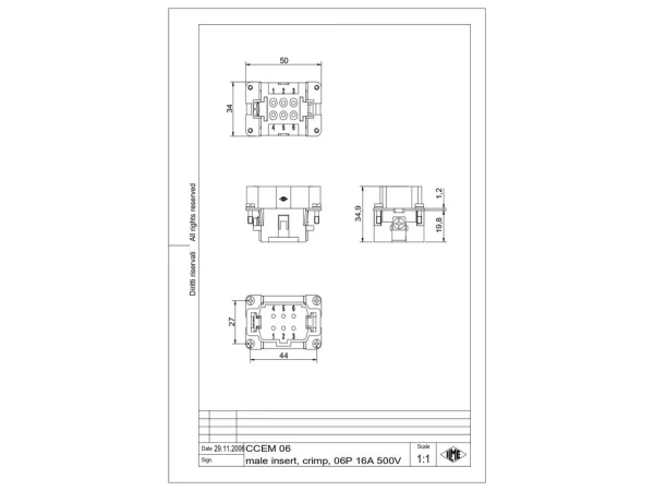male insert, size 44.27, 6p+PE, crimp, 16A, 500V