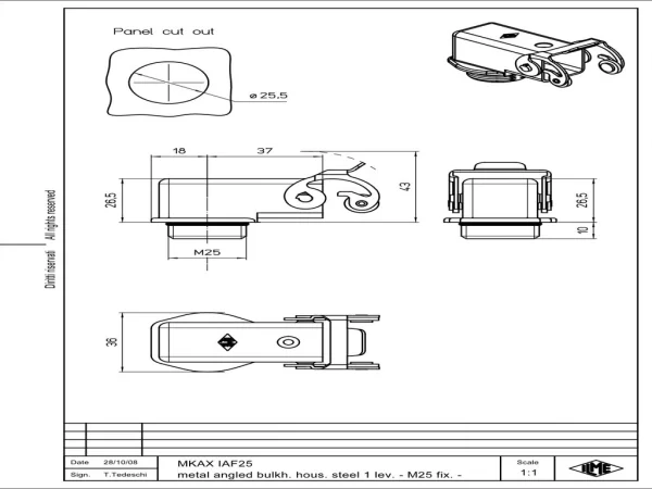 bulkhead mounting housing, angled, size 21.21, CKA zinc, 1 lever stainless steel, 1xM25 external