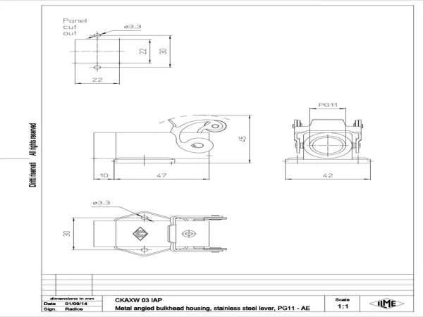 bulkhead mounting housing, angled, size 21.21, W-type zinc, 1 lever, 1xPG11 side