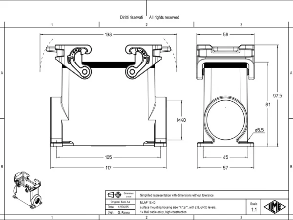 surface mounting housing, size 77.27, IL-BRID stainless steel, 2 levers, 1xM40 side