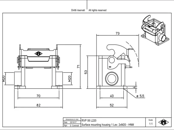 surface mounting housing, size 44.27, HNM alu, 1 lever, 2xM20 side