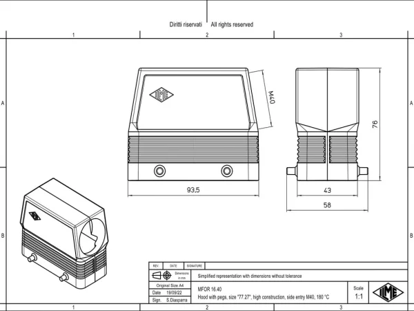 hood, size 77.27, 180 °C alu, 4 pegs, 1xM40 side