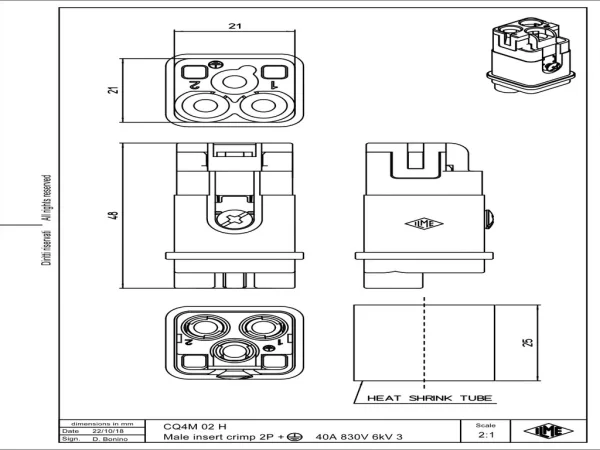 male insert, size 21.21, 2p+PE, crimp., 40A, 830V, with heat-shrinkable tube