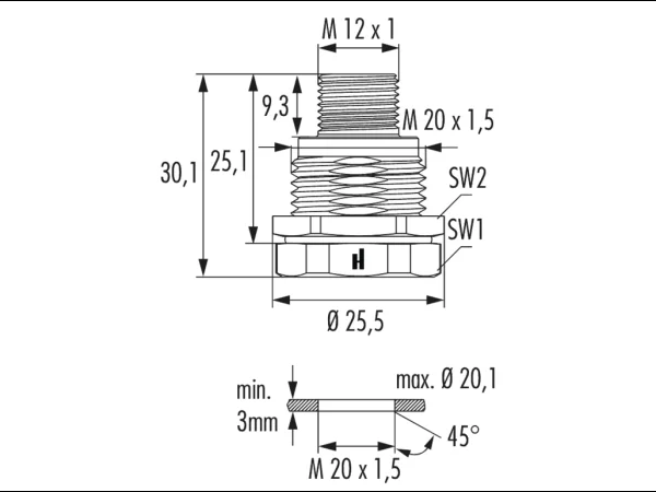 Panel connector male thread, single hole rear mounted