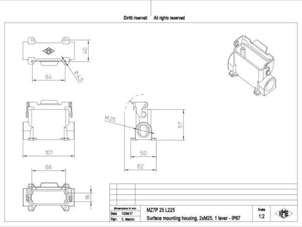 surface mounting housing, size 66.16, CZ7 alu, 1 rigid lever, 2xM25 side