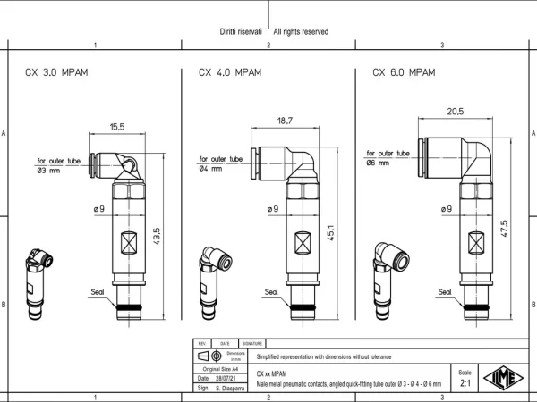 male contact, angled, MIXO, metal, 3,0mm external, push-in, pneumatic