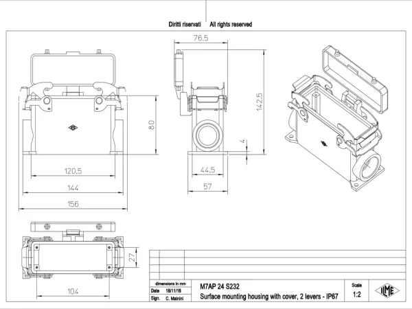 surface mounting housing, high, size 104.27, V-TYPE alu, 2 levers, 2xM32 side, cover metal