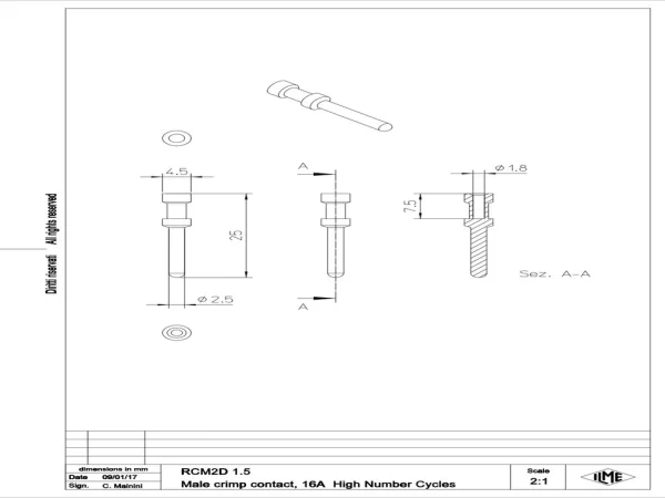 male contact, 1,5mm², gold HNM, crimp, 16A, series CC