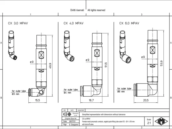 female contact, angled, MIXO, metal, 4,0mm external, push-in, pneumatic, shutt-off valve